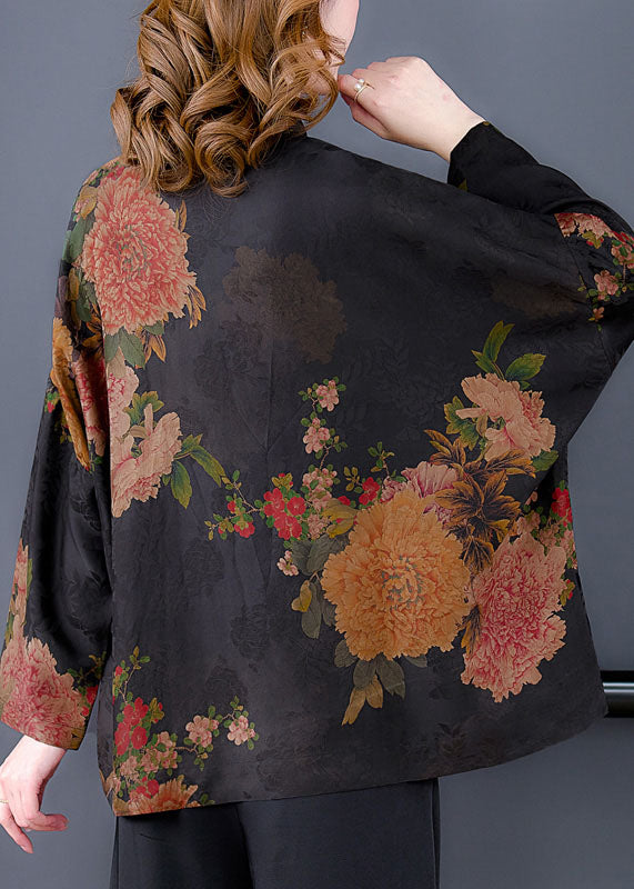 Retro Black Floral Print Stand Collar Oriental Button Silk Coats Long Sleeve