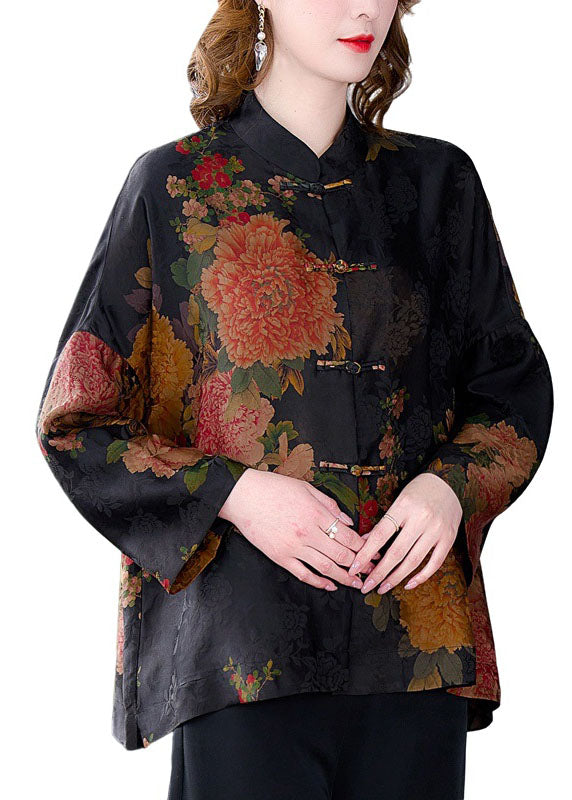 Retro Black Floral Print Stand Collar Oriental Button Silk Coats Long Sleeve
