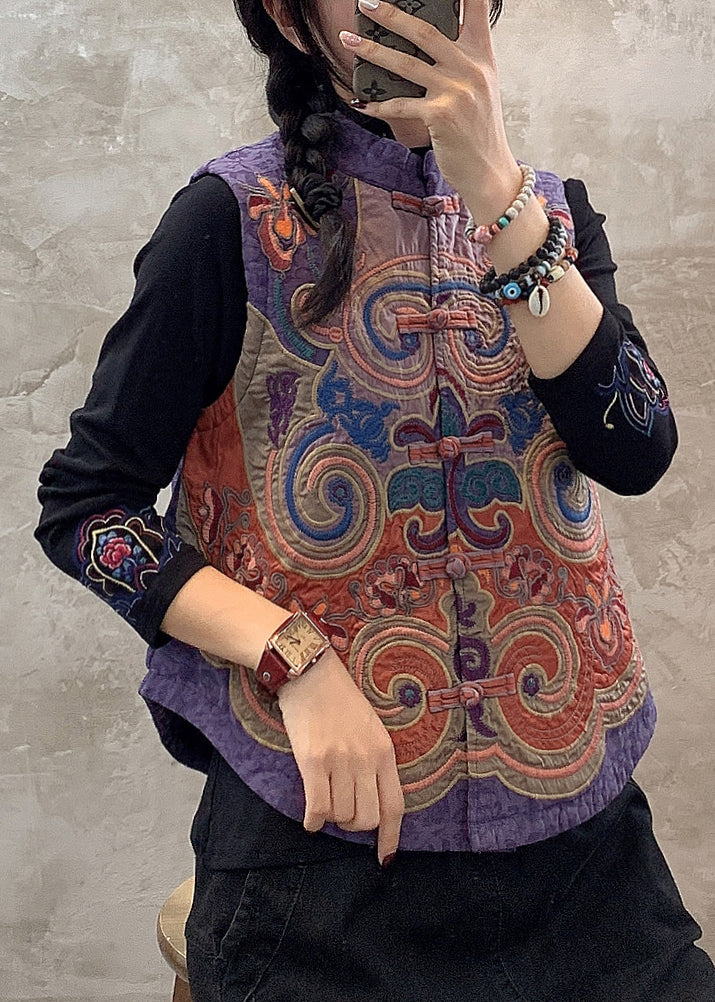 Retro Black Stand Collar Embroidered Floral Button Waistcoat Fall