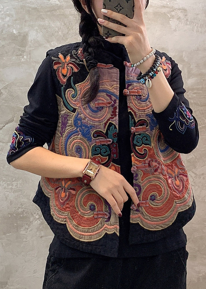 Vintage Black Stand Collar Oriental Button Corduroy Coat Spring TI009