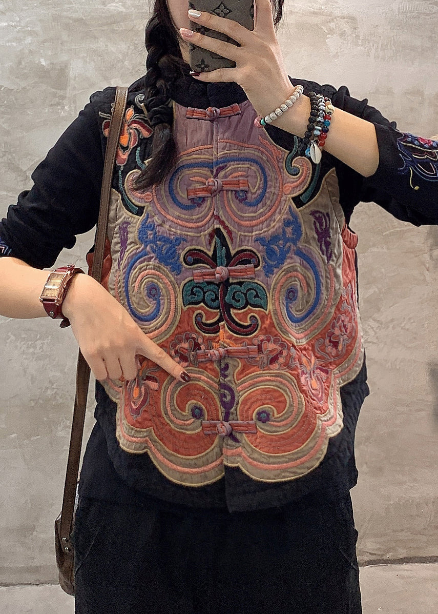 Retro Black Stand Collar Embroidered Floral Button Waistcoat Fall