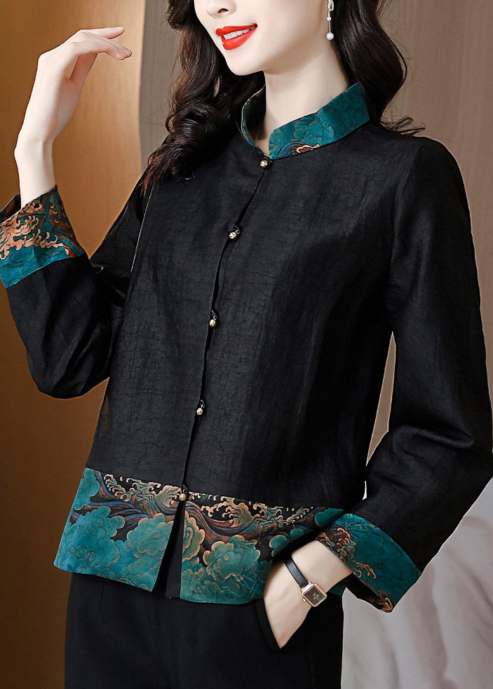 Retro Black Stand Collar Print Patchwork Button Silk Shirt Long Sleeve