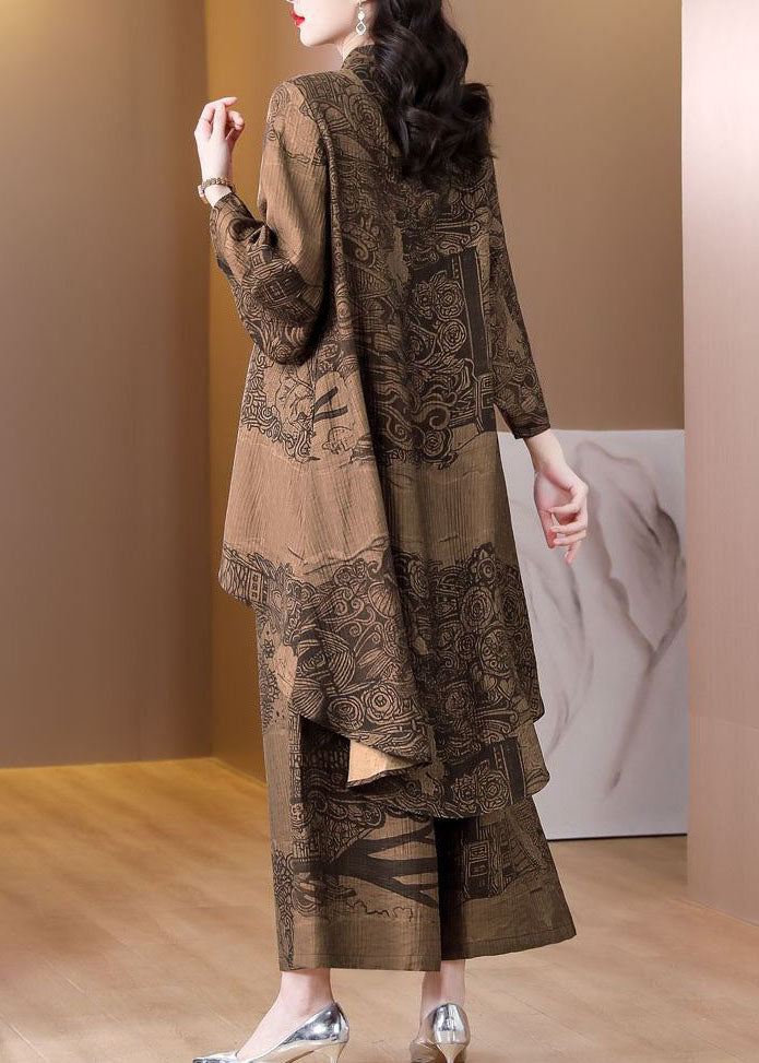 Retro Coffee Stand Collar Tops And Pants Silk Two Piece Set Spring