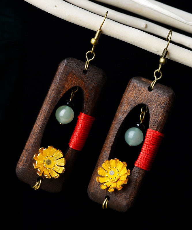 Retro Dark Brown Copper Floral Jade Rectangular Wooden Block Drop Earrings