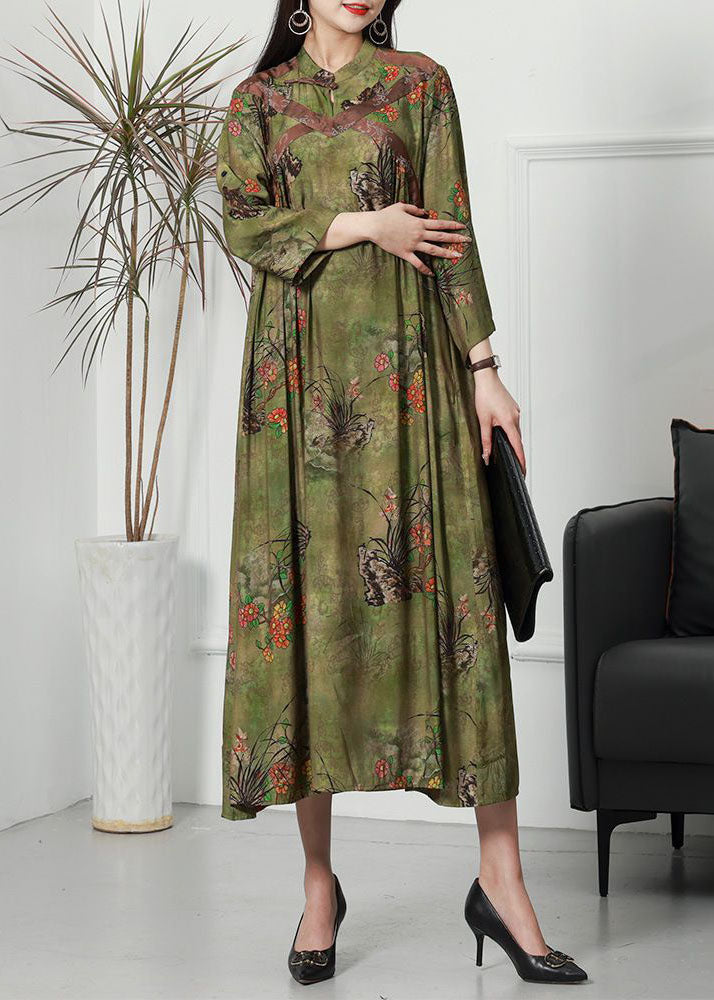 Retro Green Stand Collar Print Wrinkled Long Silk Dress Spring