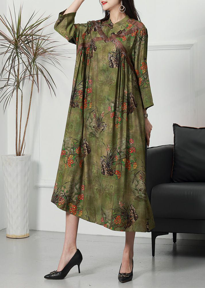 Retro Green Stand Collar Print Wrinkled Long Silk Dress Spring