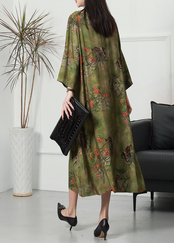 Retro Green Stand Collar Print Wrinkled Long Silk Dress Spring