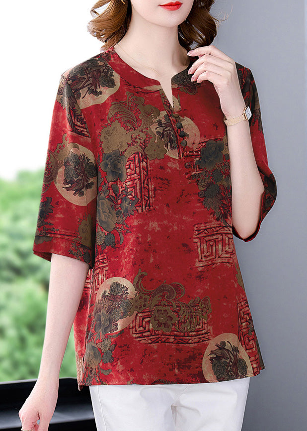 Retro Red V Neck Print Silk Top Half Sleeve