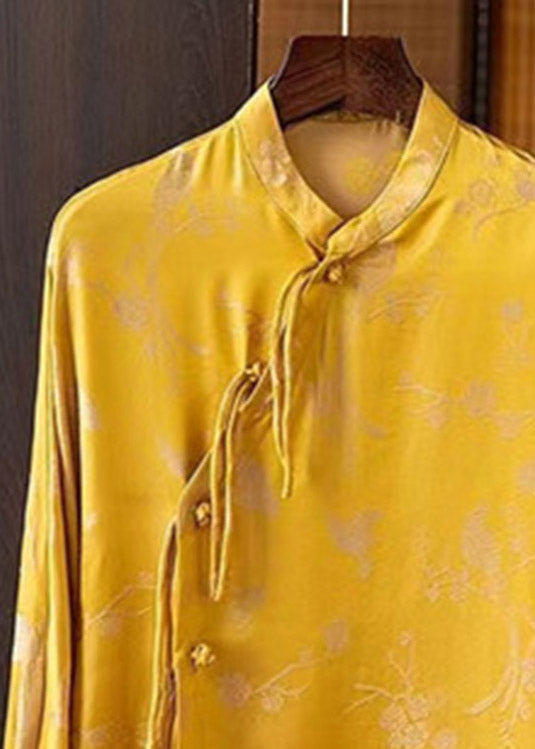 Retro Yellow Stand Collar Button Low High Design Silk Shirt Long Sleeve