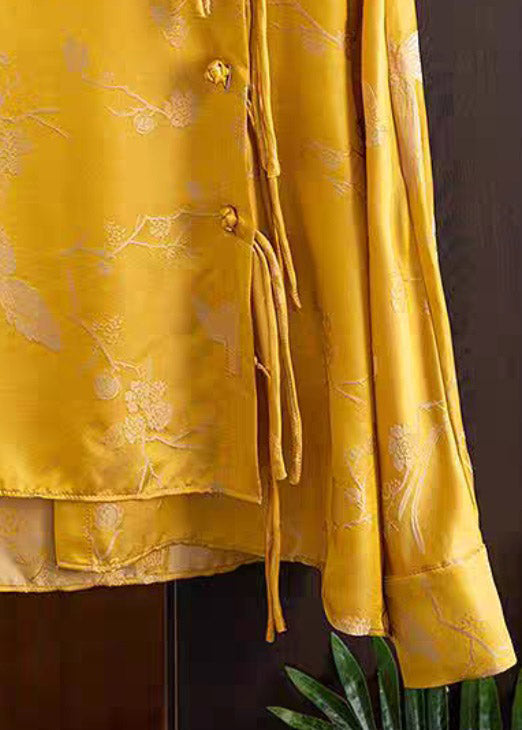 Retro Yellow Stand Collar Button Low High Design Silk Shirt Long Sleeve