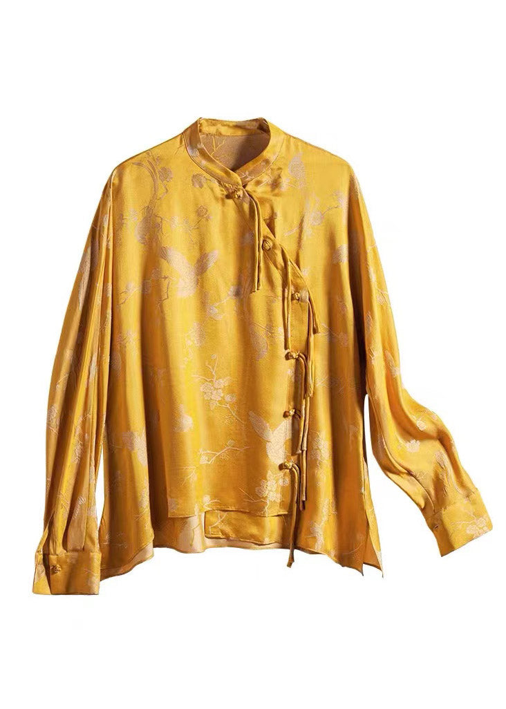 Retro Yellow Stand Collar Button Low High Design Silk Shirt Long Sleeve