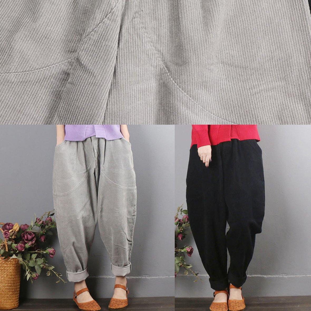 Retro female light gray casual corduroy pants large size loose harem pants - Omychic