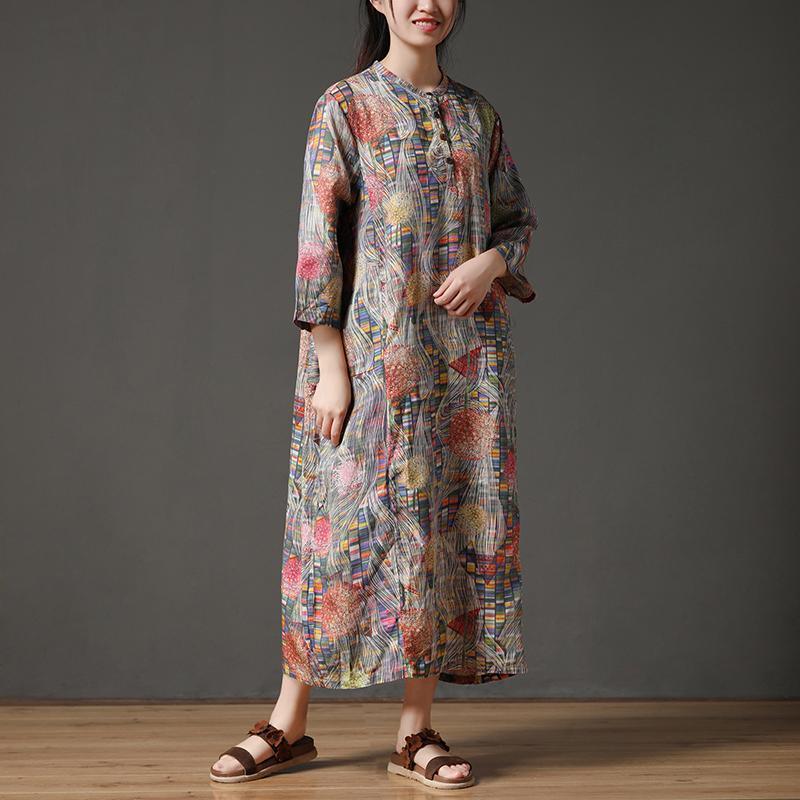 Retro Multicolor Stand Collar Autumn Long Dress - Omychic