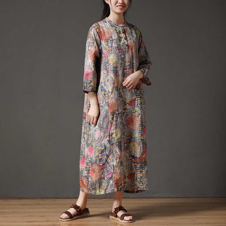 Retro Multicolor Stand Collar Autumn Long Dress - Omychic