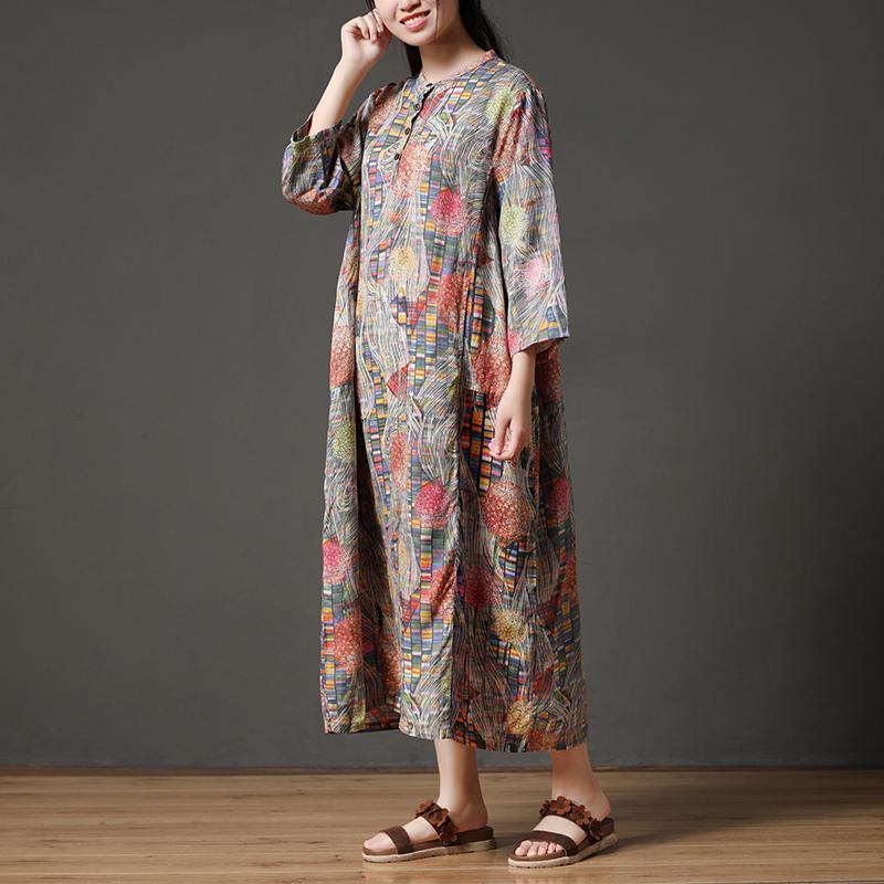 Retro Multicolor Stand Collar Autumn Long Dress - Omychic