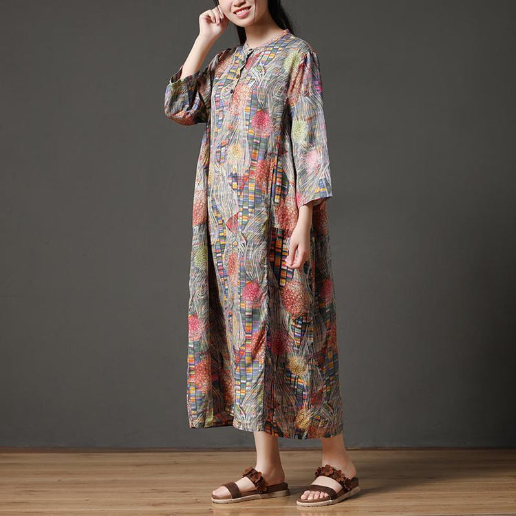 Retro Multicolor Stand Collar Autumn Long Dress - Omychic