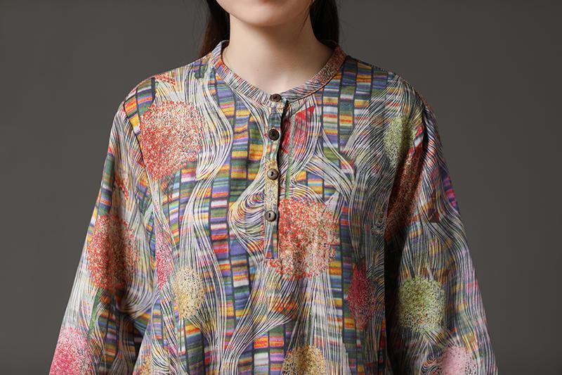 Retro Multicolor Stand Collar Autumn Long Dress - Omychic