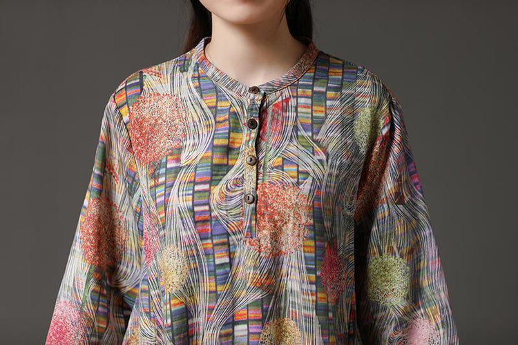 Retro Multicolor Stand Collar Autumn Long Dress - Omychic
