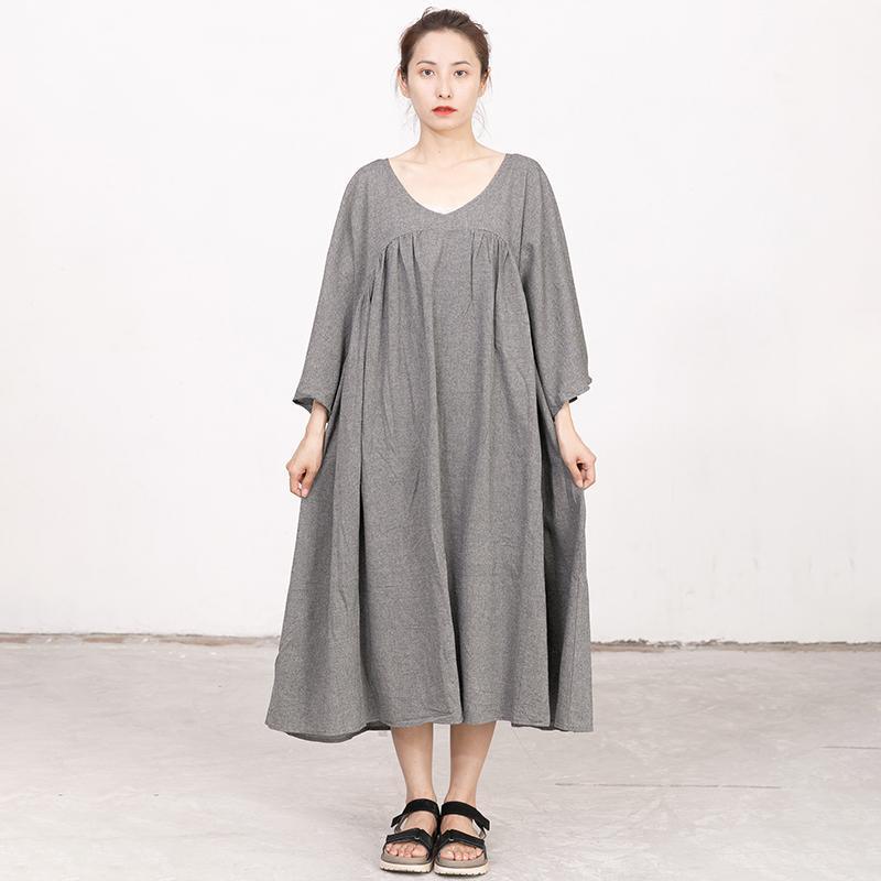 Retro V Neck Three Quarter Sleeve Loose Gray Dress - Omychic
