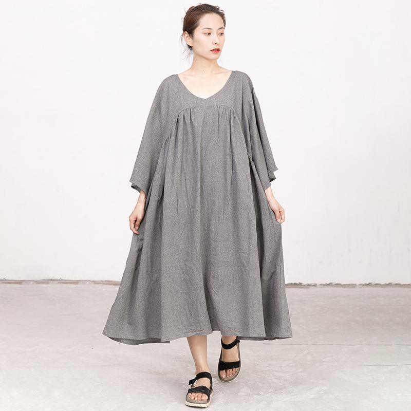 Retro V Neck Three Quarter Sleeve Loose Gray Dress - Omychic