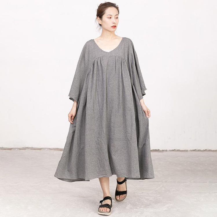 Retro V Neck Three Quarter Sleeve Loose Gray Dress - Omychic