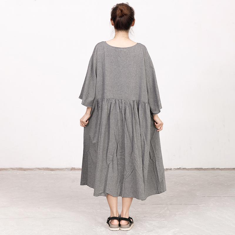 Retro V Neck Three Quarter Sleeve Loose Gray Dress - Omychic
