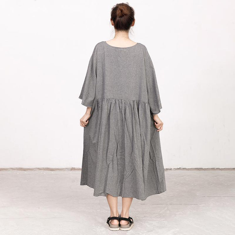 Retro V Neck Three Quarter Sleeve Loose Gray Dress - Omychic