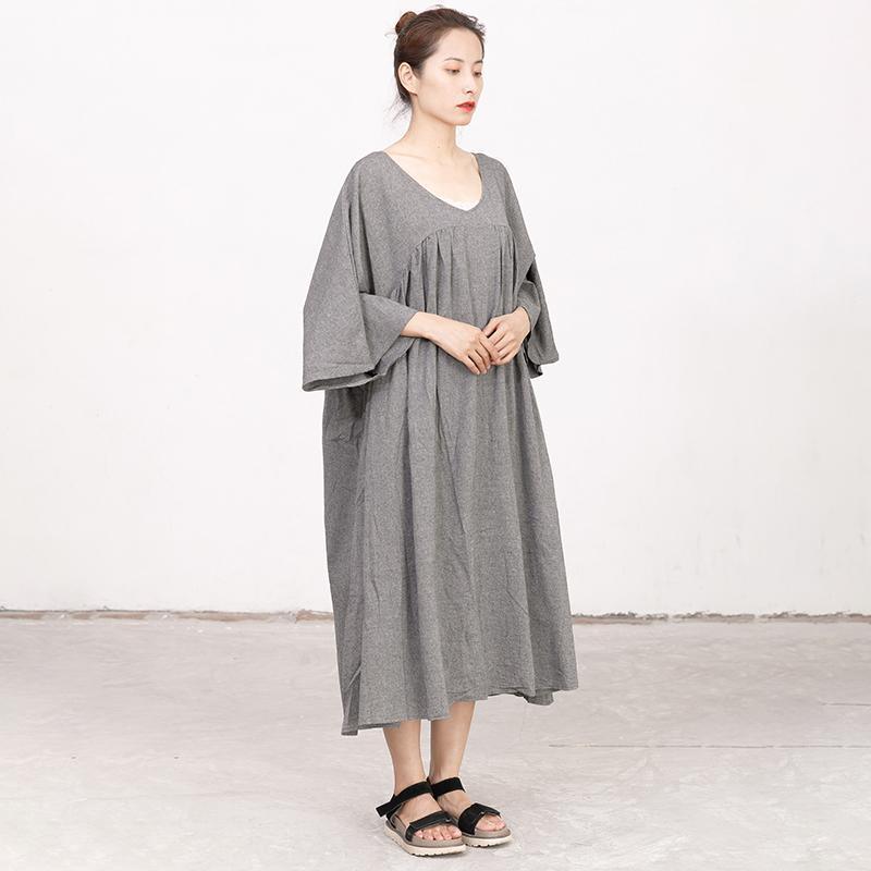 Retro V Neck Three Quarter Sleeve Loose Gray Dress - Omychic