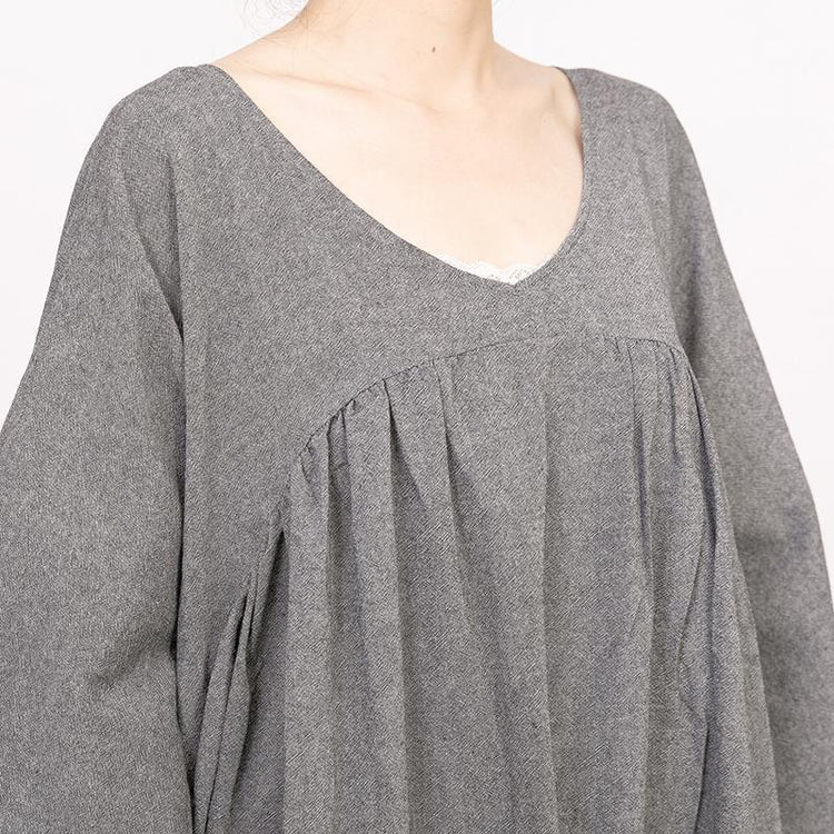 Retro V Neck Three Quarter Sleeve Loose Gray Dress - Omychic