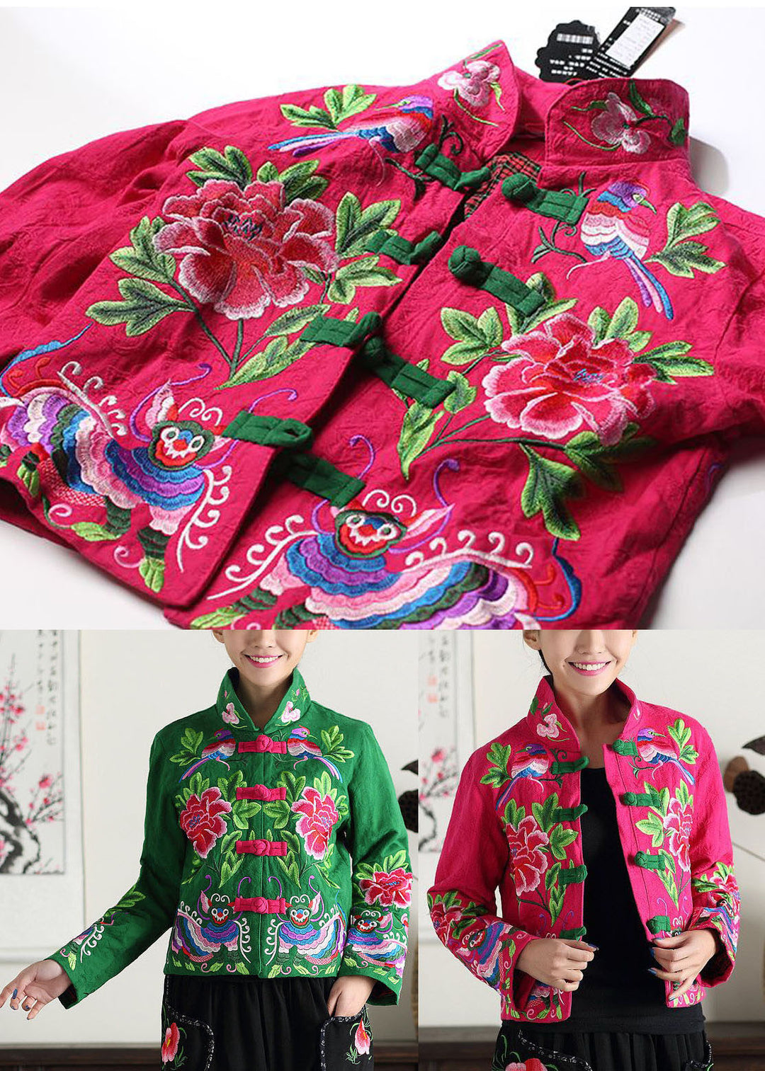 Rose Cotton Coat Outwear Mandarin Collar Embroidered Fall