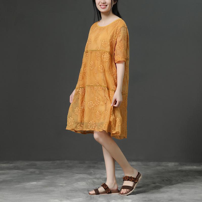 Round Neck Commuter Yellow Summer Dress - Omychic