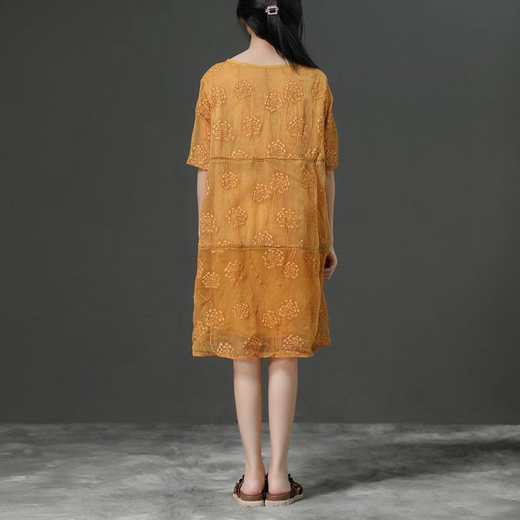 Round Neck Commuter Yellow Summer Dress - Omychic