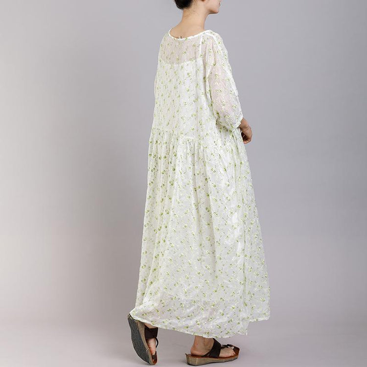 Round Neck Print Floral Pleated Short Sleeve Dress - Omychic