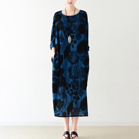 Royal blue silk dresses print sprint dress plus size dress - Omychic