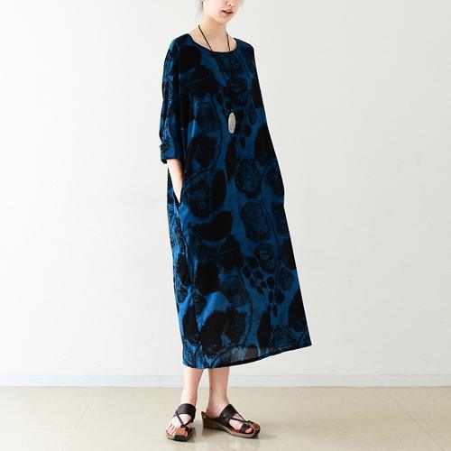 Royal blue silk dresses print sprint dress plus size dress - Omychic