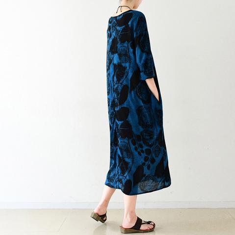 Royal blue silk dresses print sprint dress plus size dress - Omychic