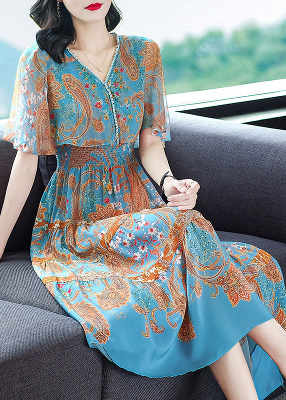 Sexy Blue V Neck Print Nail Bead Slim Silk Maxi Dress Short Sleeve