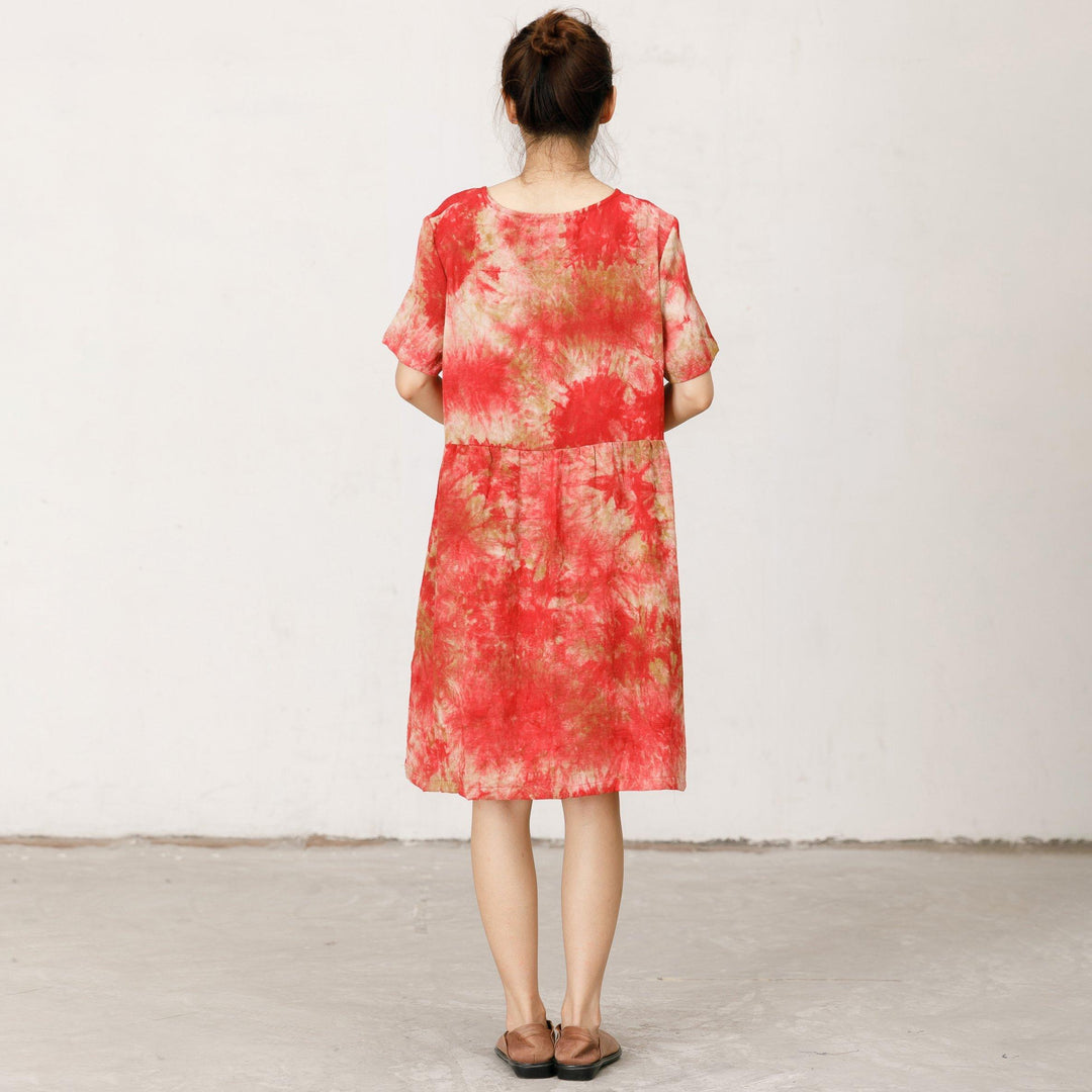 Short Sleeve Printed Loose Red Midi Dress - Omychic