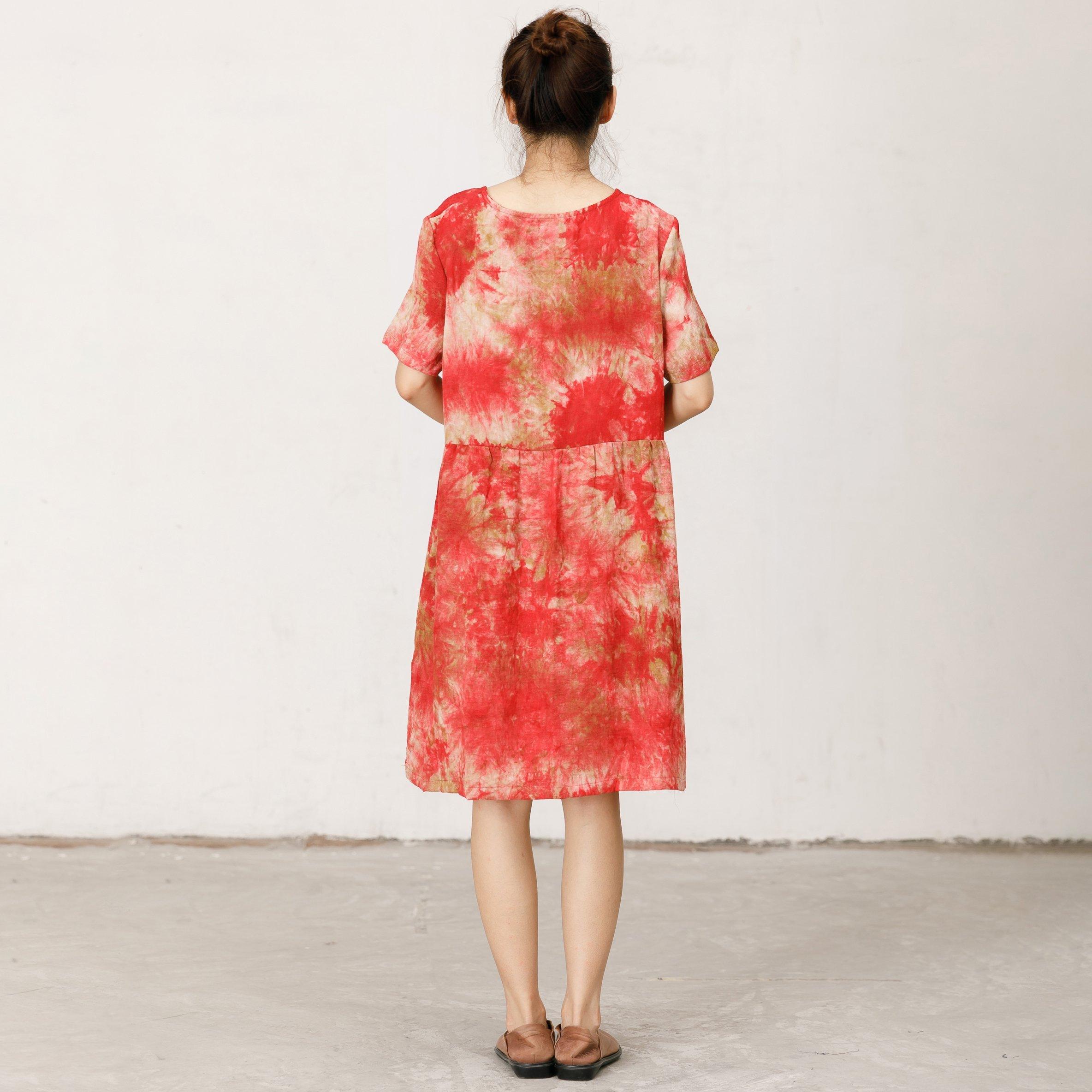 Short Sleeve Printed Loose Red Midi Dress - Omychic
