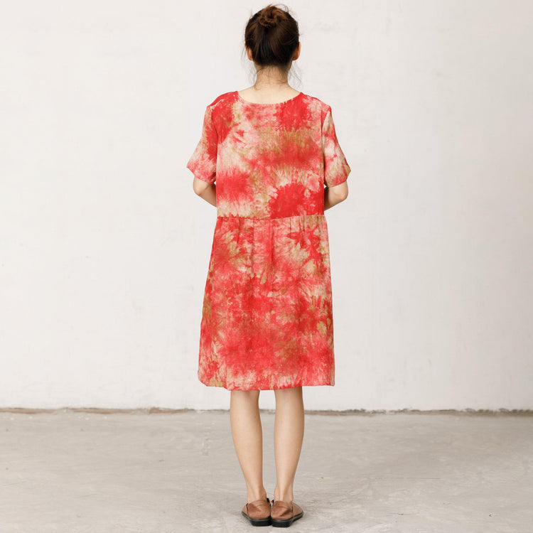 Short Sleeve Printed Loose Red Midi Dress - Omychic