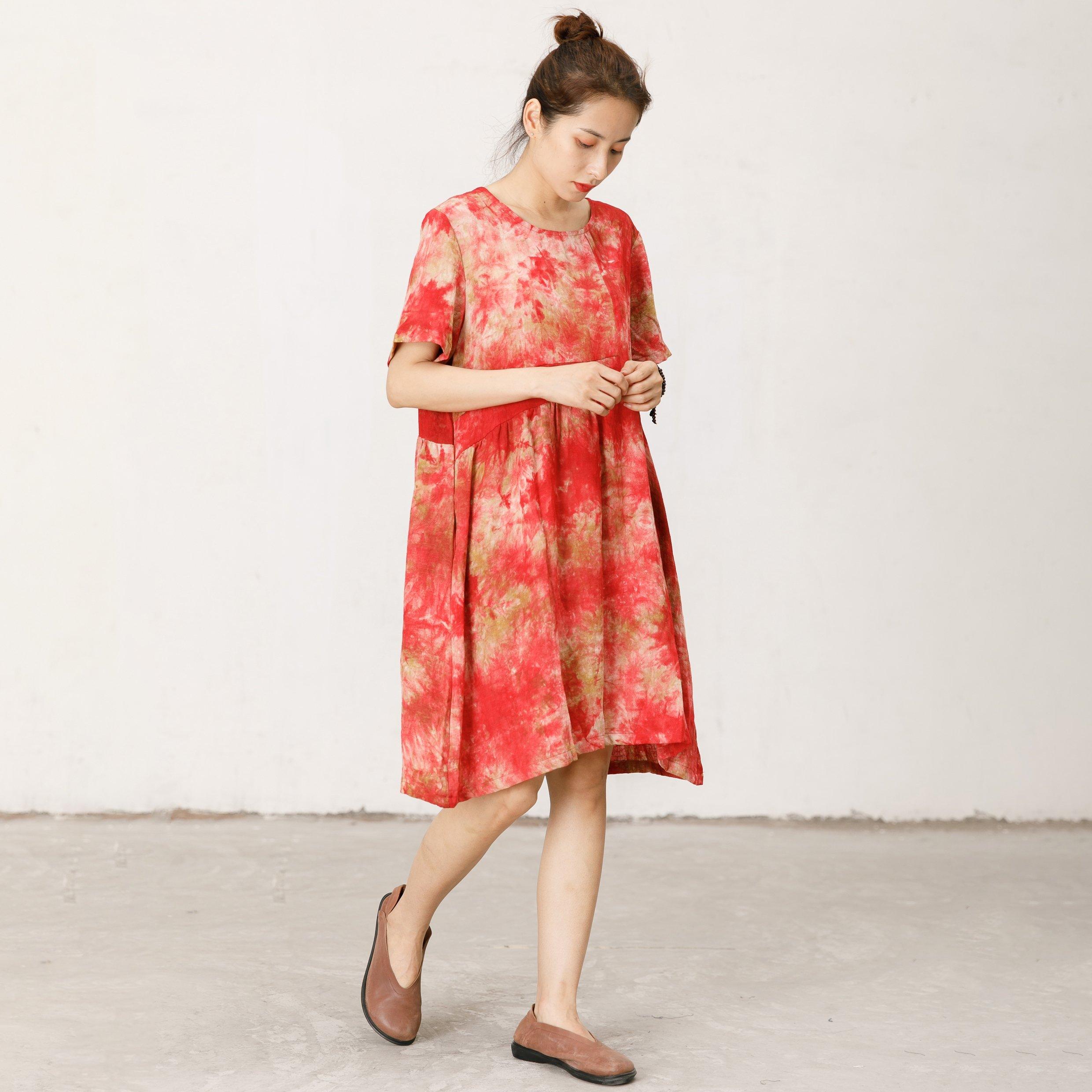 Short Sleeve Printed Loose Red Midi Dress - Omychic