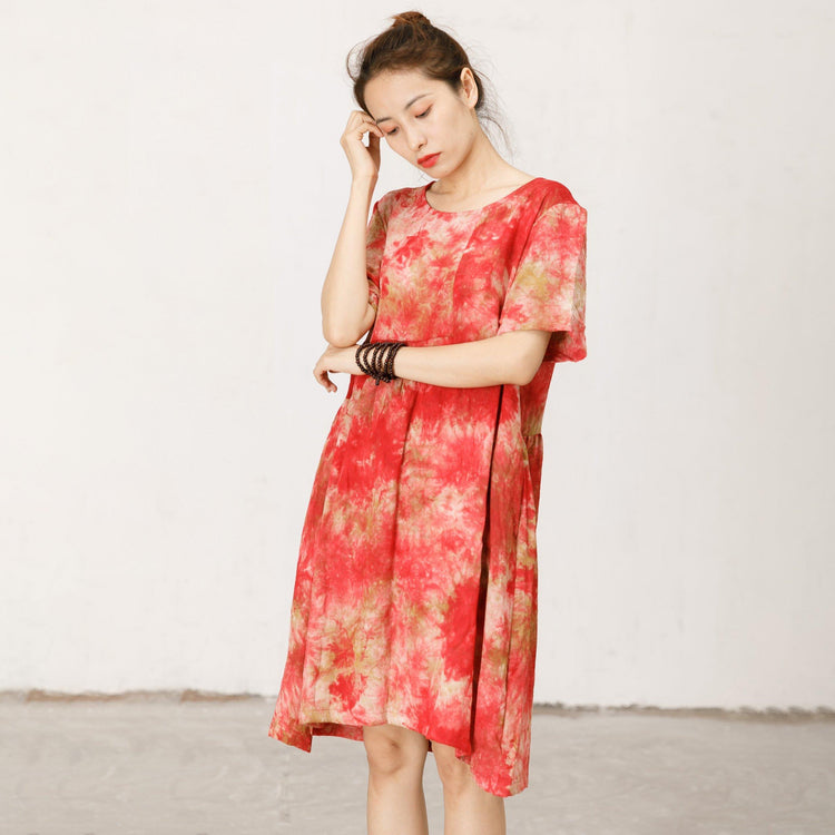 Short Sleeve Printed Loose Red Midi Dress - Omychic