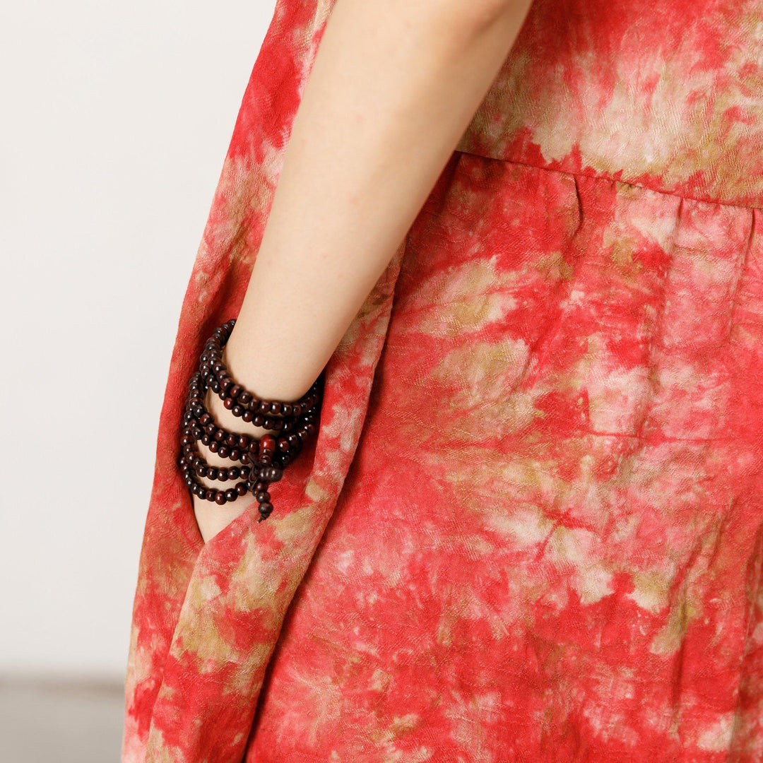 Short Sleeve Printed Loose Red Midi Dress - Omychic