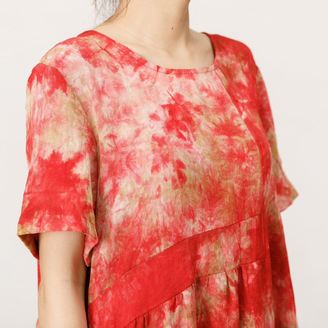 Short Sleeve Printed Loose Red Midi Dress - Omychic