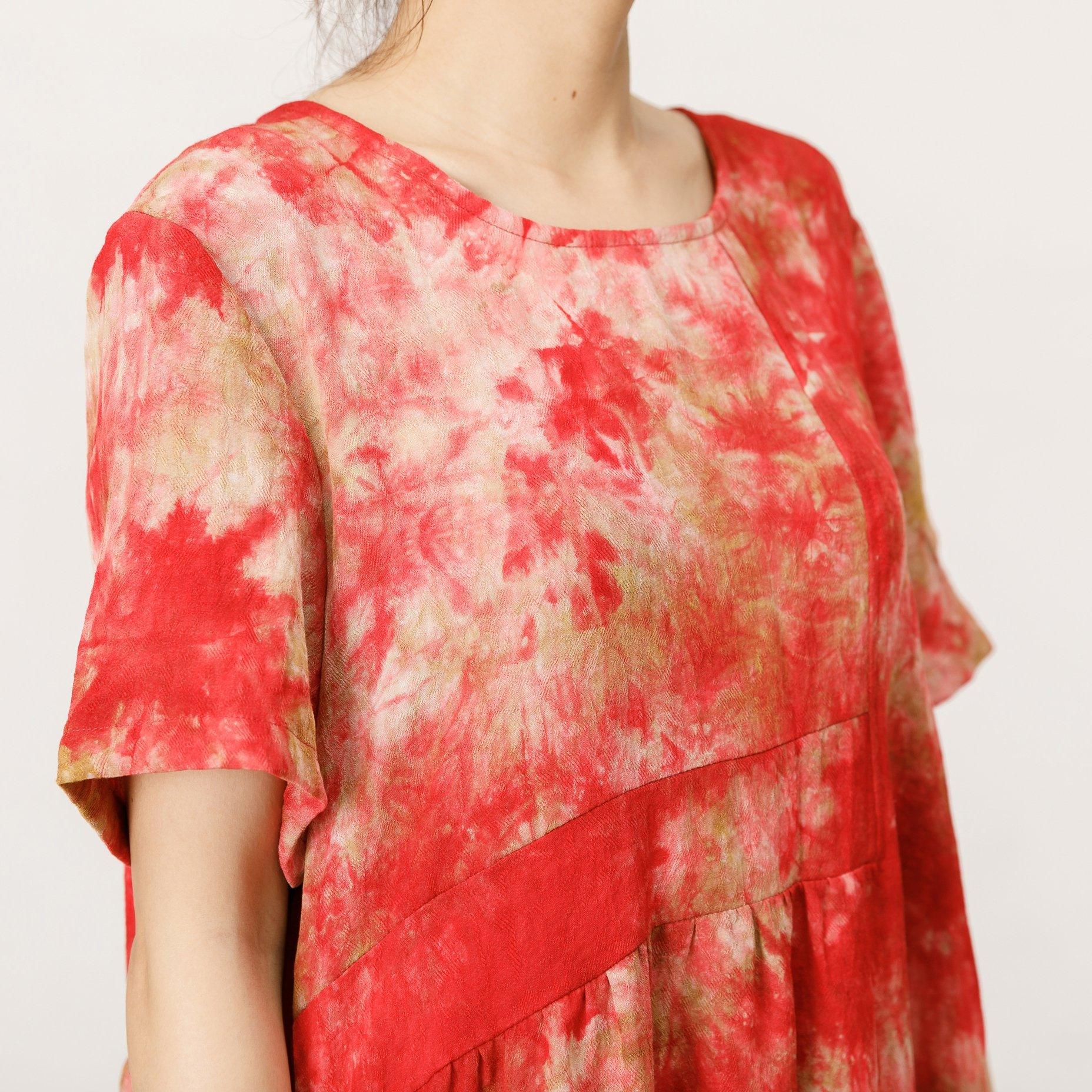 Short Sleeve Printed Loose Red Midi Dress - Omychic