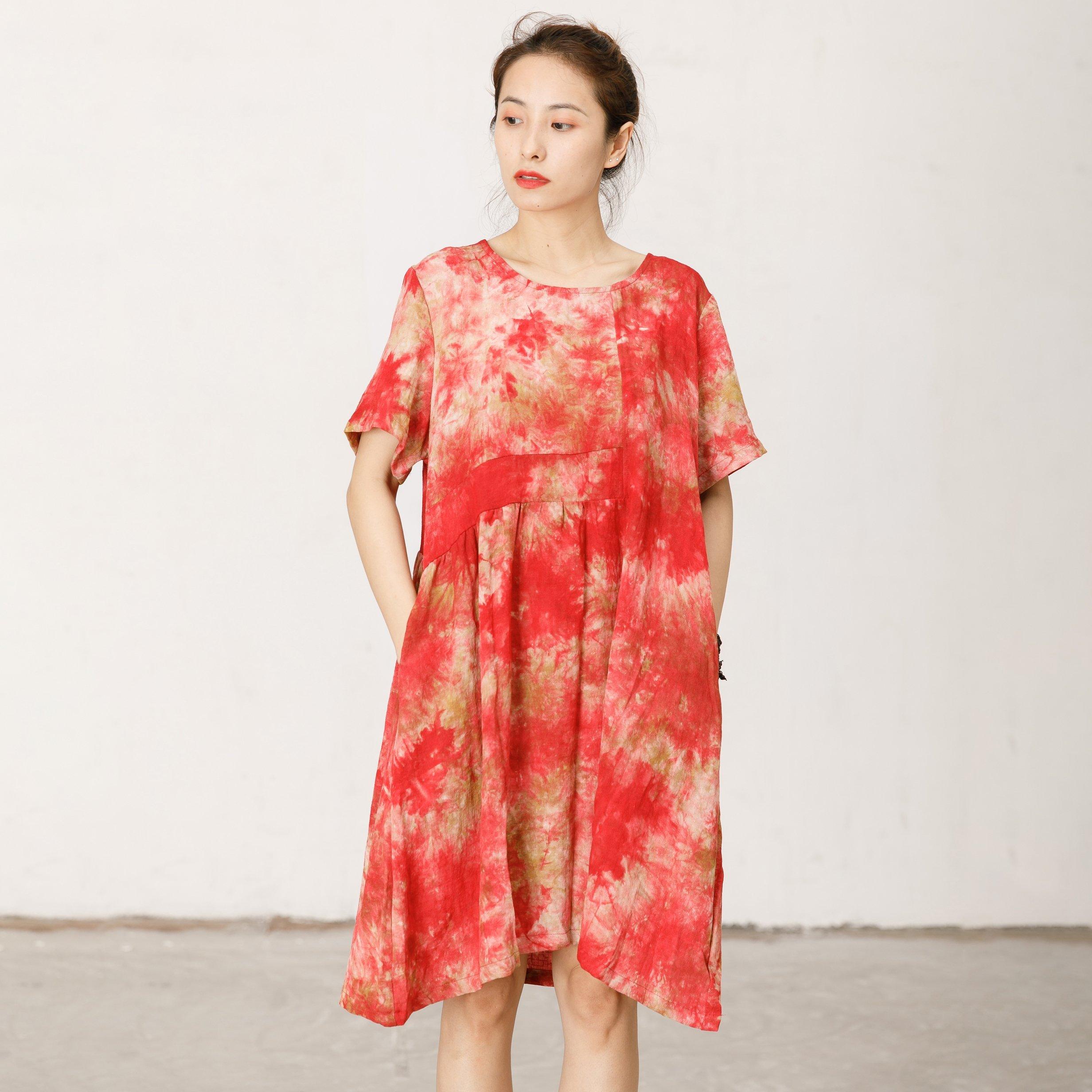 Short Sleeve Printed Loose Red Midi Dress - Omychic