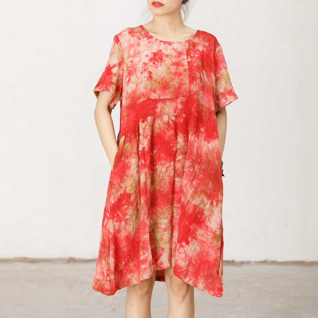 Short Sleeve Printed Loose Red Midi Dress - Omychic