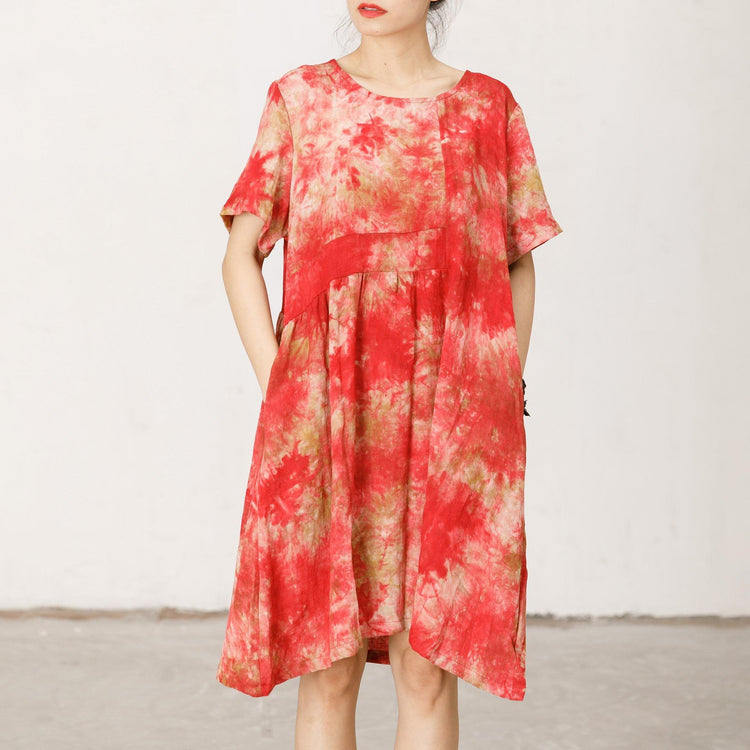 Short Sleeve Printed Loose Red Midi Dress - Omychic