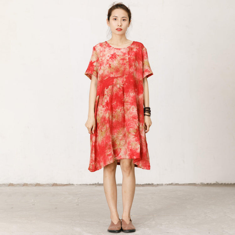 Short Sleeve Printed Loose Red Midi Dress - Omychic