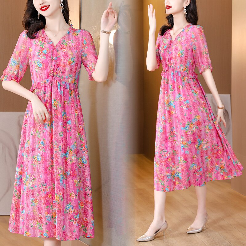 Summer Magnanimous Mulberry Silk V-Neck Dress